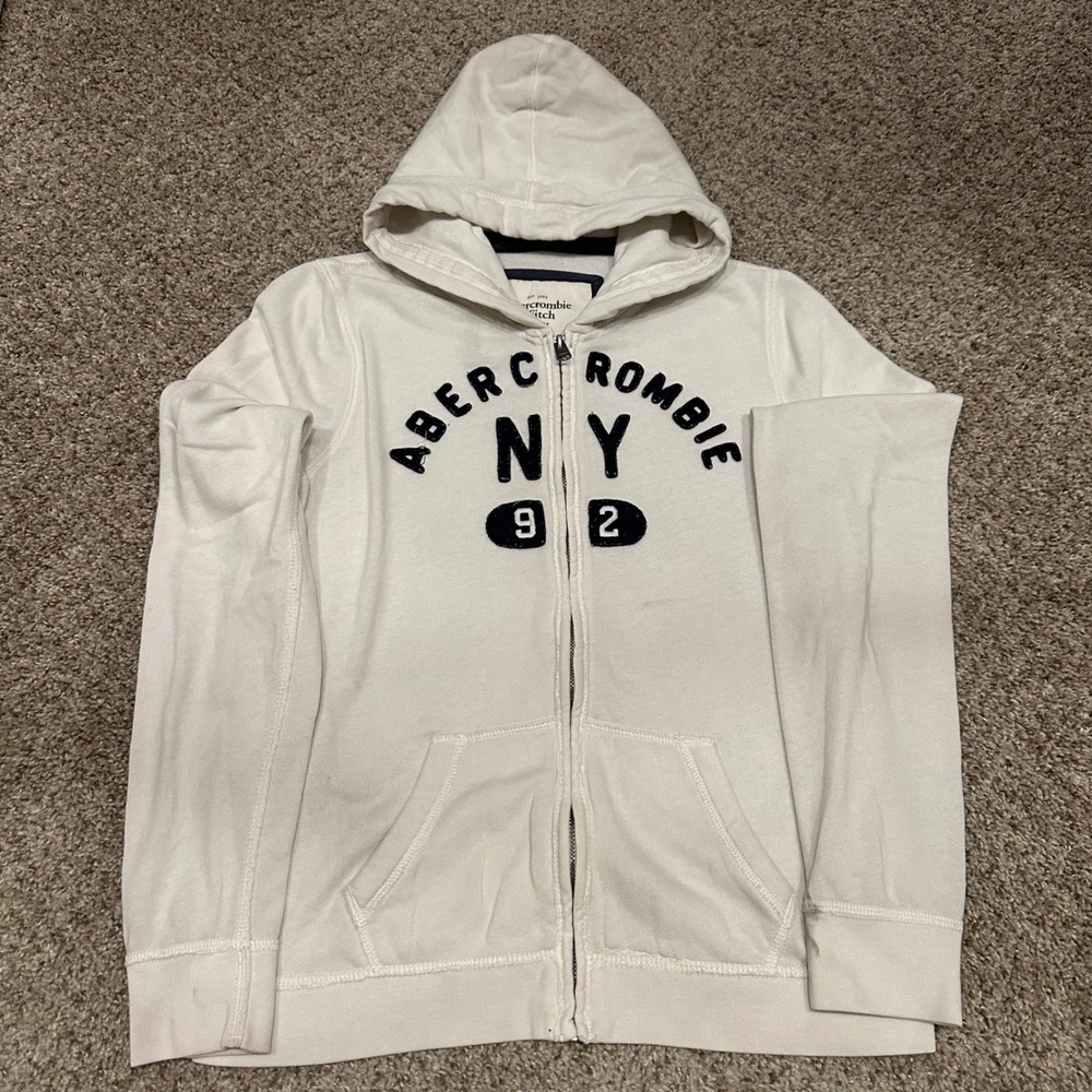 Abercrombie & Fitch Womens Full Zip Hoodie Large White Preowned Logo Stains